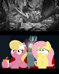 Size: 397x497 | Tagged: safe, fluttershy, lily, lily valley, insect, spider, g4, creepy, king kong, lily's movie, pit, scared, scary, theater