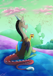 Size: 816x1174 | Tagged: safe, artist:c-puff, discord, draconequus, g4, back, chaos, chocolate milk, chocolate rain, cloud, cotton candy, cotton candy cloud, cute, discorded landscape, discute, drink, food, frown, green sky, male, sitting, solo