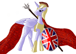 Size: 900x637 | Tagged: safe, artist:daffydwagstaff, oc, oc only, oc:britannia, alicorn, pony, alicorn oc, shield, solo, trident