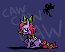 Size: 500x400 | Tagged: safe, artist:coyotecoyote, oc, oc only, oc:kimi sparkle, crow, pegasus, pony, bandage, bow, broken wing, caw, female, freckles, frown, injured, looking up, mare, purple background, raised hoof, sad, simple background, sitting, solo