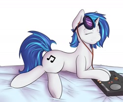 Size: 1280x1062 | Tagged: safe, artist:venauva, dj pon-3, vinyl scratch, g4, bed, earbuds, female, glasses, prone, smiling, solo, turntable
