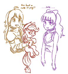 Size: 500x542 | Tagged: safe, artist:liweny-draws, applejack, earth pony, human, pony, g4, applejack is not amused, blake belladonna, crossover, grin, holding a pony, rwby, smiling, sweat, sweatdrop, unamused, yang xiao long