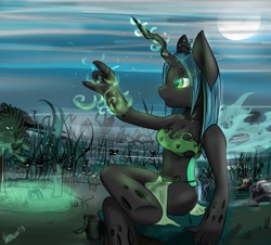Size: 1280x1156 | Tagged: safe, artist:venauva, queen chrysalis, changeling, changeling queen, anthro, unguligrade anthro, g4, belly button, breasts, cleavage, female, fog, moon, night, solo
