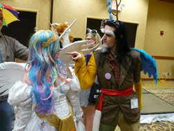 Size: 3072x2304 | Tagged: safe, artist:foximalfox, artist:necros66, discord, princess celestia, human, g4, clothes, convention, cosplay, irl, irl human, photo, st. louis crystal fair, suit, thick eyebrows