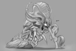 Size: 1100x741 | Tagged: safe, artist:gsphere, fluttershy, hydralisk, pegasus, pony, zerg, g4, boop, crossover, fs doesn't know what she's getting into, grayscale, monster, starcraft, this will end in tears, this will end in tears and/or death, video game