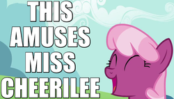 Size: 700x400 | Tagged: safe, edit, edited screencap, screencap, cheerilee, g4, the cutie pox, caption, eyes closed, female, image macro, laughing, reaction image, solo
