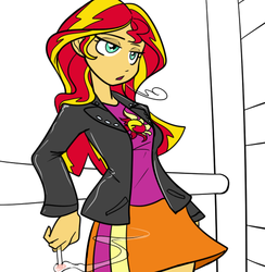 Size: 500x513 | Tagged: dead source, safe, artist:reiduran, sunset shimmer, equestria girls, g4, cigarette, clothes, female, jacket, lidded eyes, open mouth, shirt, skirt, smoking, solo