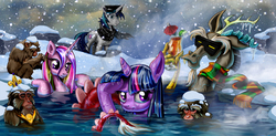 Size: 2202x1080 | Tagged: safe, artist:harwick, discord, princess cadance, shining armor, twilight sparkle, monkey, g4, animal, clothes, hot springs, japanese snow monkey, scarf, snow, snow goggles, snowfall, water, wet mane