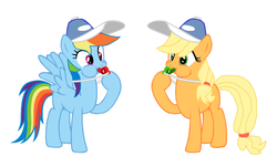 Size: 1024x617 | Tagged: safe, artist:lightingdashie171, applejack, rainbow dash, g4, blowing, coach, duo, hat, puffy cheeks, rainblow dash, rainbow dashs coaching whistle, request, whistle, whistle necklace