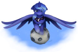 Size: 2657x1798 | Tagged: safe, artist:xiao668, princess luna, alicorn, pony, g4, female, floppy ears, high res, mare, moon, raised hoof, s1 luna, sad, solo, spread wings, standing, tangible heavenly object, wings