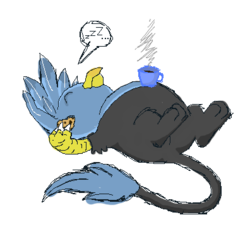 Size: 396x360 | Tagged: safe, artist:princessamity, oc, oc only, griffon, coffee, cookie, gift art, on back, pixel art, simple background, sleeping, solo, steam