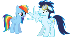 Size: 8192x4280 | Tagged: safe, artist:themajesticpony, rainbow dash, soarin', pegasus, pony, g4, rainbow falls, absurd resolution, broken wing, duo, female, male, mare, simple background, stallion, transparent background, vector, wings