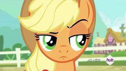 Size: 720x405 | Tagged: safe, screencap, applejack, g4, female, hub logo, solo, unconvinced applejack