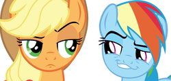 Size: 916x437 | Tagged: safe, applejack, rainbow dash, g4, female, lesbian, ship:appledash, shipping, smugdash, unconvinced applejack