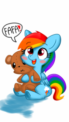 Size: 1080x1920 | Tagged: safe, artist:gasplanet, rainbow dash, pegasus, pony, g4, baby talk, blushing, cute, dashabetes, female, heart, hug, looking at you, open mouth, simple background, sitting, smiling, solo, speech bubble, teddy bear, white background