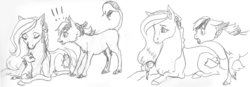 Size: 900x314 | Tagged: safe, artist:ackryllis, oc, oc only, oc:evening star, oc:whistleheart, family, filly, foal, monochrome, traditional art