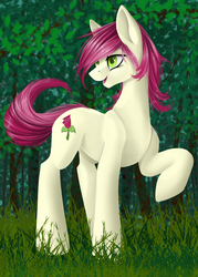 Size: 1000x1400 | Tagged: safe, artist:santagiera, roseluck, earth pony, pony, g4, female, grass, looking back, mare, open mouth, outdoors, raised hoof, smiling, solo, standing, tree