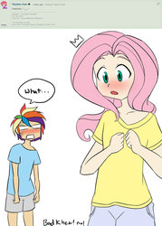 Size: 755x1057 | Tagged: safe, artist:kprovido, fluttershy, rainbow dash, human, g4, blushing, breast reduction, deviantart, dialogue, duo, flattershy, humanized, light skin, observer, pun, request