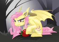 Size: 900x636 | Tagged: safe, artist:keyfeathers, fluttershy, bat pony, pony, bats!, g4, my little pony: friendship is magic, apple, female, flutterbat, race swap, solo