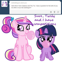 Size: 908x912 | Tagged: safe, artist:kuromi, princess cadance, twilight sparkle, alicorn, pony, unicorn, g4, blowing, blowing bubblegum, bow, bubblegum, cute, female, filly, filly twilight sparkle, hair bow, mare, ponytail, teen princess cadance, tumblr