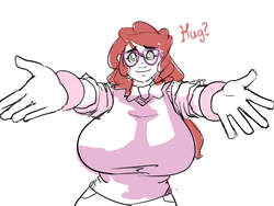 Size: 1200x900 | Tagged: safe, artist:moronsonofboron, twist, human, g4, big breasts, breasts, busty twist, female, glasses, hug request, huge breasts, humanized, solo, uncolored skin