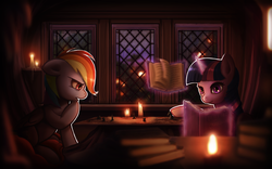 Size: 3360x2100 | Tagged: safe, artist:i-am-knot, rainbow dash, twilight sparkle, alicorn, pony, g4, battle lords, book, candle, dark, female, game, golden oaks library, interior, magic, mare, night, playing, reading, table, tabletop game, twilight sparkle (alicorn), window