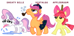 Size: 900x443 | Tagged: safe, artist:bluebauble, apple bloom, scootaloo, sweetie belle, earth pony, pegasus, pony, unicorn, g4, apple broom, broom, bubble pipe, cutie mark crusaders, female, filly, kilt, name pun, pipe, plewds, pun, rouge angles of satin, scotaloo, scottaloo, sideburns, sweat, sweatie belle, trio