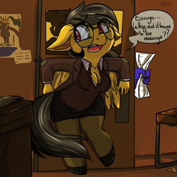 Size: 1000x1000 | Tagged: safe, artist:arnachy, a.k. yearling, daring do, anthro, unguligrade anthro, daring don't, g4, adorkable, breasts, cleavage, clothes, cute, dialogue, door, dork, female, glasses, indiana jones, meganekko, miniskirt, pantyhose, reference, shoes, skirt, speech bubble, tube skirt