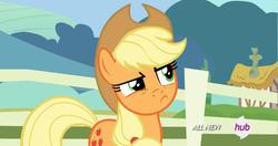 Size: 1920x1010 | Tagged: safe, applejack, g4, my little pony: friendship is magic, three's a crowd, female, hub logo, solo