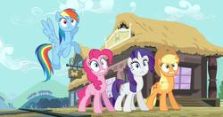 Size: 1918x1010 | Tagged: safe, applejack, pinkie pie, rainbow dash, rarity, g4, three's a crowd