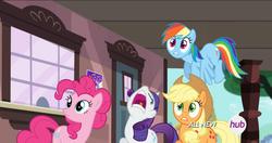 Size: 1920x1014 | Tagged: safe, applejack, pinkie pie, rainbow dash, rarity, g4, three's a crowd