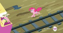 Size: 1920x1010 | Tagged: safe, fluttershy, pinkie pie, g4, three's a crowd, clothes, explorer outfit, train, train tracks