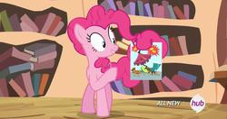Size: 1918x1012 | Tagged: safe, pinkie pie, g4, three's a crowd, female, hub logo, poster, prehensile tail, solo, tail hold