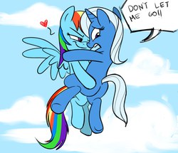 Size: 950x816 | Tagged: safe, artist:thex-plotion, rainbow dash, trixie, pegasus, pony, unicorn, g4, bedroom eyes, butt, butt touch, carrying, cloud, cloudy, dialogue, duo, female, flying, heart, holding a pony, hoof on butt, imminent sex, lesbian, mare, mile high club, open mouth, plot, scared, shipping, sky, smiling, smirk, speech bubble, spread wings, teasing, trixdash, underhoof, wide eyes