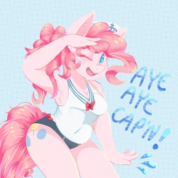 Size: 1280x1280 | Tagged: safe, artist:themaliciouskitty, pinkie pie, earth pony, anthro, g4, belly button, clothes, female, plump, solo, swimsuit