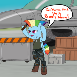 Size: 1280x1280 | Tagged: safe, artist:midnight-wizard, rainbow dash, pegasus, pony, g4, aircraft, bipedal, boots, capcom, cosplay, female, guile, mare, military, military uniform, parody, shoes, solo, street fighter