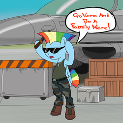 Size: 1280x1280 | Tagged: safe, artist:midnight-wizard, rainbow dash, pegasus, pony, g4, aircraft, bipedal, boots, cosplay, female, guile, mare, military, military uniform, shoes, solo, street fighter, sunglasses