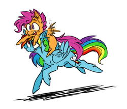 Size: 700x600 | Tagged: safe, artist:xenon, rainbow dash, scootaloo, pegasus, pony, g4, blank flank, ear fluff, eye clipping through hair, eyebrows, eyebrows visible through hair, female, filly, flapping, flapping wings, foal, folded wings, open mouth, open smile, ponies riding ponies, riding, scootaloo riding rainbow dash, scootalove, smiling, spread wings, wings