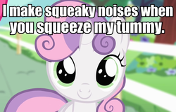 Size: 936x600 | Tagged: safe, edit, edited screencap, screencap, sweetie belle, g4, bronybait, cute, diasweetes, female, filly, image macro, looking at you, smiling, solo, squeaky belle, text