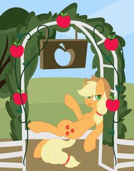 Size: 791x1010 | Tagged: safe, artist:daydreamsyndrom, applejack, g4, female, fence, leaning, looking at you, solo, tongue out