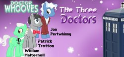 Size: 1196x554 | Tagged: safe, doctor whooves, time turner, earth pony, pony, unicorn, g4, blazer, bowtie, clothes, doctor who, first doctor, frock coat, jon pertwee, patrick troughton, ponified, ribbon bow tie, second doctor, shirt, tardis, the doctor, the three doctors, third doctor, william hartnell