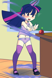 Size: 730x1095 | Tagged: safe, artist:drantyno, twilight sparkle, human, g4, accidental exposure, apple, belly button, camisole, classroom, clothes, embarrassed, embarrassed underwear exposure, female, frilly underwear, horn, horned humanization, humanized, light skin, magic, magic fail, mary janes, panties, partially undressed, purple underwear, ribbon, school, school uniform, schoolgirl, solo, spell gone wrong, stockings, thigh highs, underwear, undressing, wardrobe malfunction, younger
