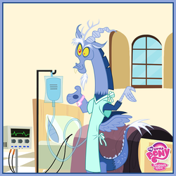 Size: 720x720 | Tagged: safe, discord, g4, blue flu, electrocardiogram, hospital gown, intravenous, iv bag, male, my little pony logo, shrug, solo