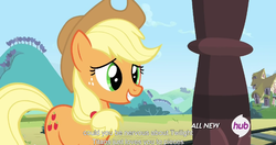 Size: 1152x609 | Tagged: safe, screencap, applejack, g4, three's a crowd, female, hub logo, meme, solo, youtube caption