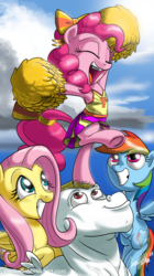 Size: 806x1440 | Tagged: safe, artist:ceehoff, bulk biceps, fluttershy, pinkie pie, rainbow dash, earth pony, pegasus, pony, g4, rainbow falls, bipedal, cheerleader, cheerleader outfit, cheerleader pinkie, clothes, cute, diapinkes, eyes closed, open mouth, standing, standing on one leg