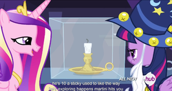 Size: 1152x610 | Tagged: safe, screencap, princess cadance, twilight sparkle, alicorn, pony, g4, my little pony: friendship is magic, three's a crowd, candle, hub logo, meme, star swirl the bearded costume, twilight sparkle (alicorn), youtube caption