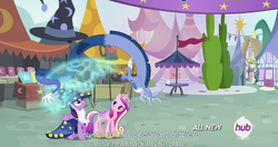 Size: 1150x609 | Tagged: safe, screencap, discord, princess cadance, twilight sparkle, alicorn, pony, g4, my little pony: friendship is magic, three's a crowd, blue flu, female, hub logo, mare, meme, twilight sparkle (alicorn), youtube caption