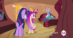 Size: 1152x609 | Tagged: safe, screencap, discord, princess cadance, twilight sparkle, alicorn, pony, g4, my little pony: friendship is magic, three's a crowd, blue flu, female, hub logo, mare, meme, twilight sparkle (alicorn), youtube caption