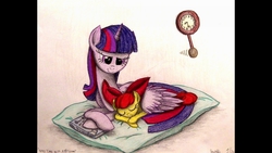 Size: 1920x1080 | Tagged: safe, artist:thefriendlyelephant, apple bloom, twilight sparkle, alicorn, pony, g4, applelove, book, clock, female, hug, mare, sleeping, traditional art, twilight sparkle (alicorn), winghug