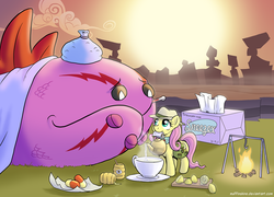 Size: 1600x1155 | Tagged: safe, artist:muffinshire, fluttershy, pegasus, pony, tatzlwurm, three's a crowd, clothes, cute, explorer outfit, female, fire, honey, ice pack, kettle, lemon, mare, mouth hold, pills, product placement, sick, smiling, teacup, thermometer, tissue, tissue box